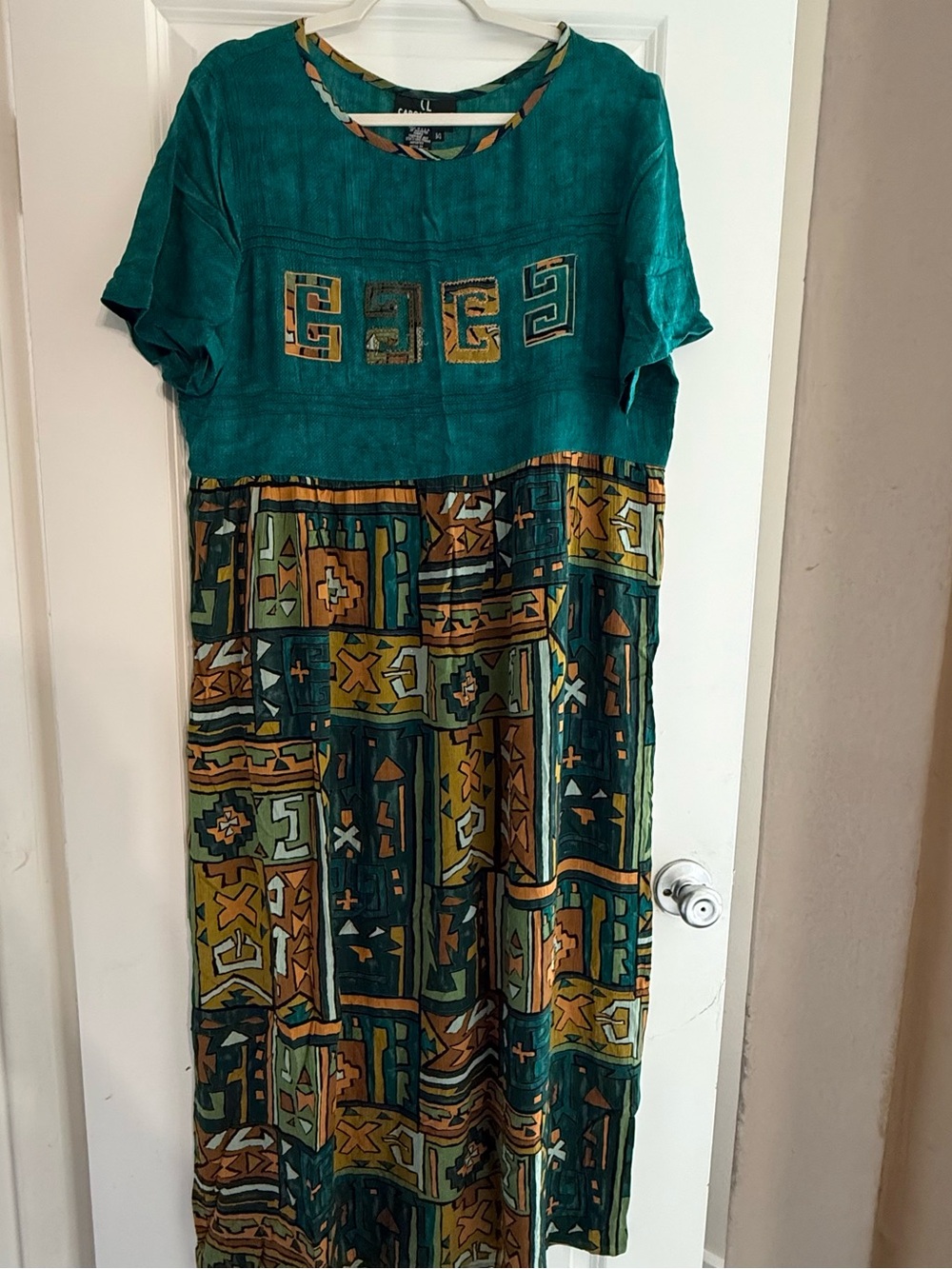 Vintage Carole Little Teal and Mustard Geometric Maxi Dress